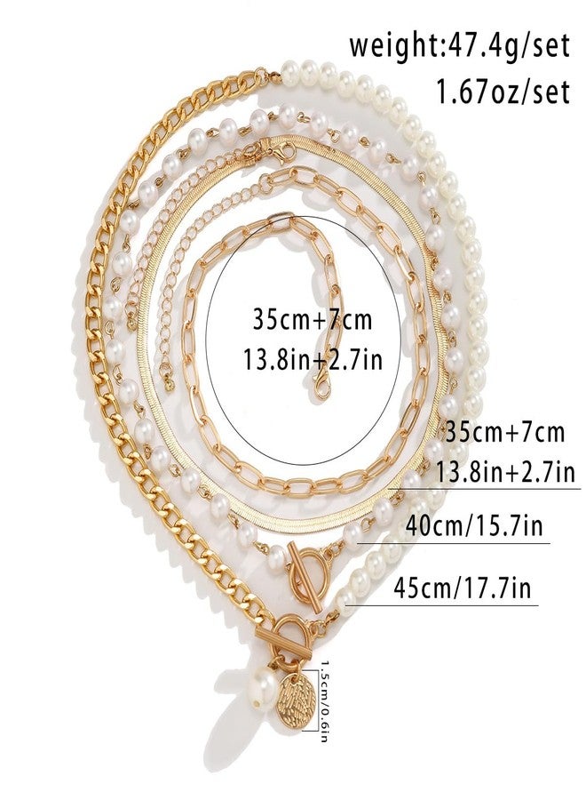 TACBSP Gold Layered Pearl Necklaces for Women Chunky Beaded Pearl Coin Choker Necklace Adjustable Layered Paperclip Chain Snake Chain Coin Pendant Necklaces Jewelry Accessories Gifts for Women - Image 4